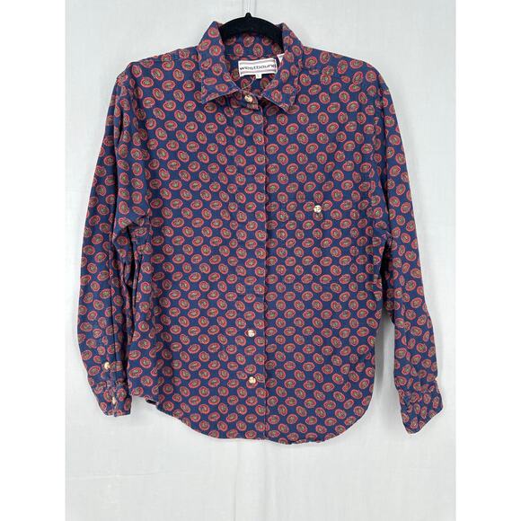 70s Vintage Top Womens Medium Navy Blue Paisley Red Button Boho Cotton - Picture 5 of 7